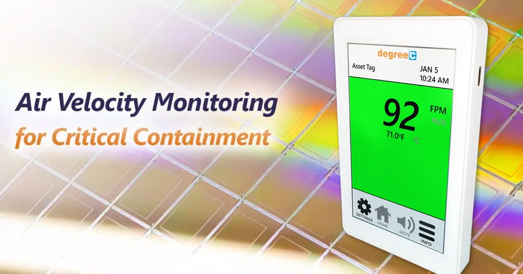 Air velocity monitoring display for critical containment environments, showing real-time airflow velocity measurement of 92 FPM on a digital degreeC monitoring device, designed for cleanrooms, laboratories, pharmaceutical manufacturing, and controlled environments.