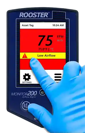 Rooster Airflow monitoring system showing alarm state from Degree Controls